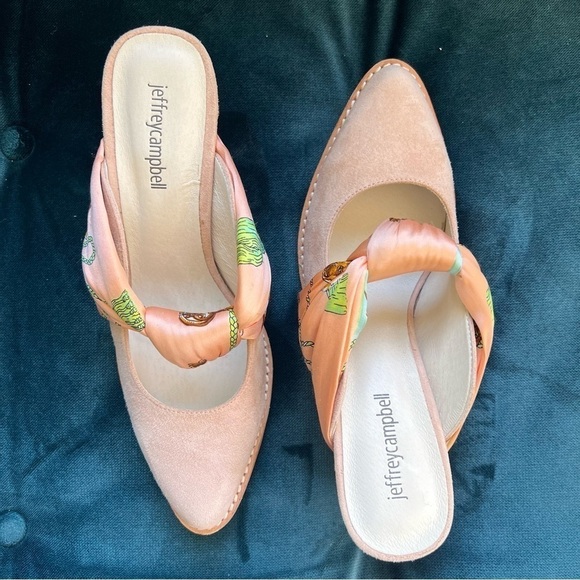Jeffrey Campbell Cyrus Scarf Bow pink Mules Stacked chunky heel size 7.5 nwt - Picture 2 of 11